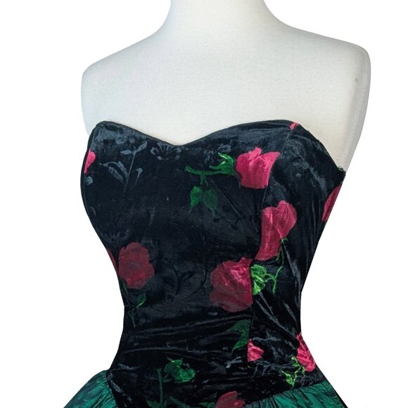 Vintage 80s CORSET Rose Floral Black Velvet Strapless Green Prom Party Dress S - Picture 14 of 16